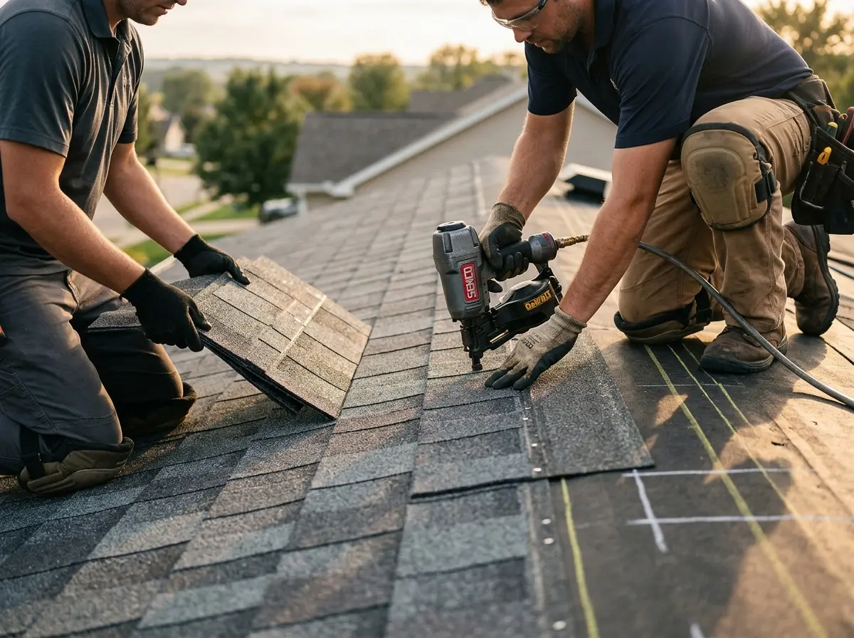 Professional roofer working on a residential roof in Kronenwetter